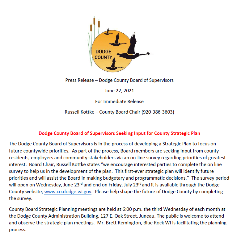 Press Release -Dodge Co Seeking Input for County Strategic Plan